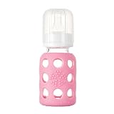 Lifefactory 4-Ounce BPA-Free Glass Baby Bottle with Protective Silicone Sleeve and Stage 1 Nipple, Pink