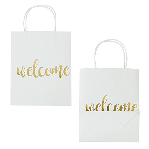 LaRibbons Medium Welcome Gift Bags - Gold Foil White Paper Bags with Handles for Wedding, Birthday, Baby Shower, Party Favors - 12 Pack - 8\