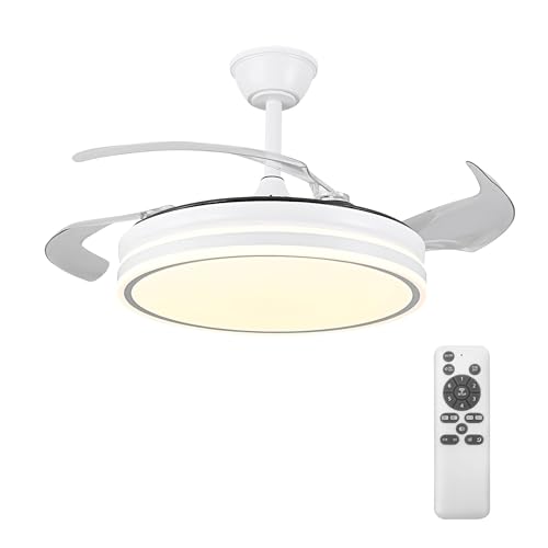 Ventilador de Teto com Luz LED Branco, 42'' Ventilador Regulável com Controle Remoto, Adequado para Quartos, Salas de Estar, Salas de Jantar e Cozinhas