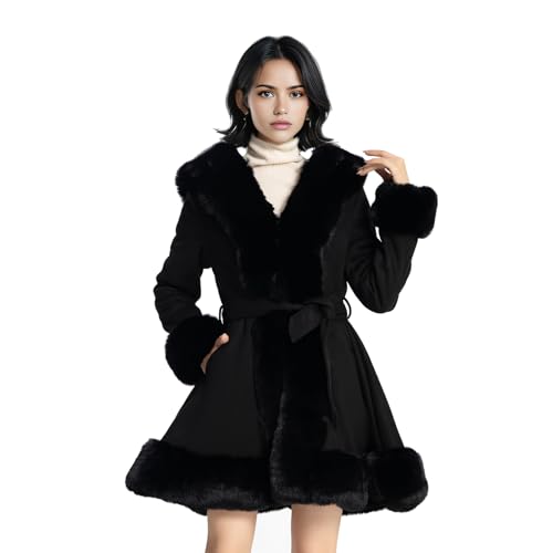 NXBC Winter Faux Fur Coats for Women,Faux Fur Leather Jacket Women,Winter Long Sleeve Furry Trim Peplum Parka Coat with Belt