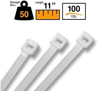 BuyCableTies 11" Standard Indoor Cable Ties - 50 lb Rated - Made in USA - Natural/Clear - 100 per bag