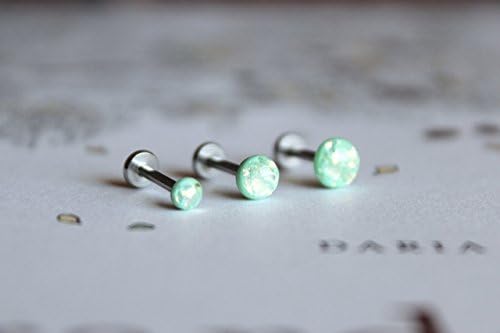 18g or 16g: Opalescent Robin's Egg Blue Internally Threaded Triple Labret Set; 1.5mm, 2mm, 2.5mm, 3mm, 4mm, 5mm Gem Sizes; 5/32" (4mm), 1/4" (6mm), 5/16" (8mm), 3/8" (10mm), 15/32" (12mm) Lengths