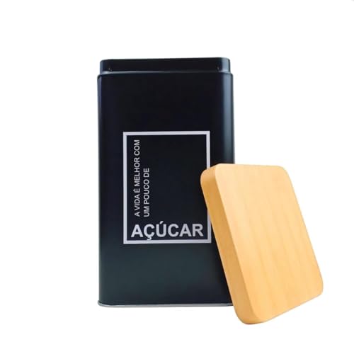 Conjunto de Potes Herméticos para Café e Açúcar Quadrado Metal Preto Fosco com Tampa na Cor Bambu Natural Decorativo Elegante Moderno Sofisticado Resistente e Boa Capacidade de Armazenamento