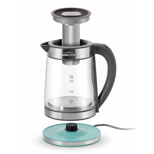 JadeCook | Tetera Eléctrica Hervidor de Agua con Infusor Jade Electro| Jarra de Vidrio de 1.7 Litros | Potencia de 1000w | Base Giratoria | Ideal para Café, Té