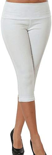 Cropped Leggings, Women's Solid 3/4 Length Mid Waist Fold Over Yoga Pants Fitness Stretchy Running Trousers