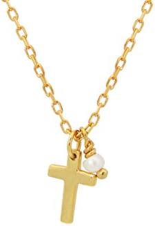 Fronay Collection Mini Cross &amp; Pearl Charm Necklace: 925 Sterling Silver, 15" Chain Length
