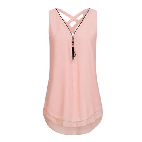 FEITONG 10 Colours Women Loose Plus Size Sleeveless Tank Top Cross Back Hem Layed Zipper V-Neck T Shirts Tops, S-5XL(XX-Large,Pink)