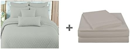 NC Home Fashions 7 pc bed in a bag:Double Ogee Quilt Sets and Geo Oval Sheet Sets,King,Silver Gray