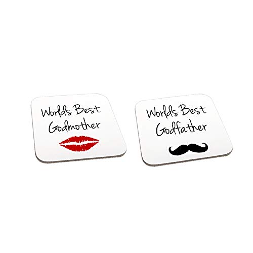 Worlds Best Godmother & Godfather Godparents Lips & Moustache Wooden Twin Gift Coaster Set Christening Christmas Anniversary Present