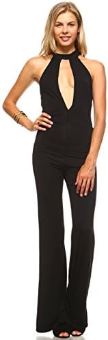 Marcelle Margaux Deep Plunge Key Hole Retro Bell Bottom Jumpsuit (Medium, Black)