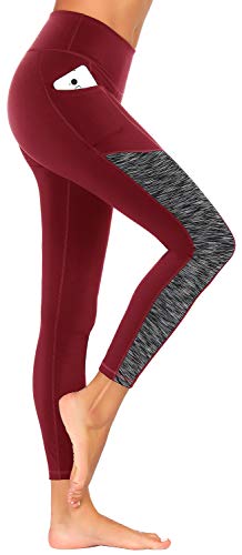 ESPIDOO High Waist Yoga Pants with Pockets for Women Tummy Control Non See-Through 4 Way Stretch Yoga Leggings, Wine Red, S