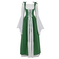 Womens Renaissance Cosplay Costume Medieval Irish Over Dress and Chemise Boho Set Gothic High Waist Gown Dress Green-2XL