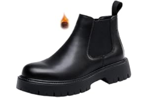 QOOEL Men's Genuine Leather Slip On Chunky Platform Chelsea Boots Luxury Round Toe lug sole Work Dress boots Casual Non Slip Ankle Boots