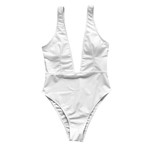 Sttech1 Solid Color Deep V Neck One-Piece Swimsuit Beachwear Black White Classic - Thumbnail 5