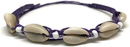 Cowrie Hawaiian Natural Shell Bead Bracelet Genuine Leather Stretch Chip Reggae Jamaican for Women (Purple - Ankle)
