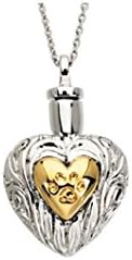 Cremation Urn Pet Paw Heart Shaped Sterling Silver and 14K Yellow Gold Plated