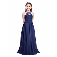 iEFiEL Girls Halter Lace Chiffon Flower Wedding Bridesmaid Dress Junior Ball Gown Formal Party Pageant Maxi Dress Navy Blue 10