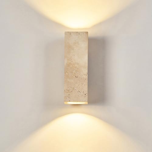 Lampara de Pared de Travertino Amarillo Natural, Estilo Japonés Wabi Sabi, Lamparas de Pared Interior de Diseño Minimalista, lampara de muro para Pasillo, Recámara o Baño, 3000K