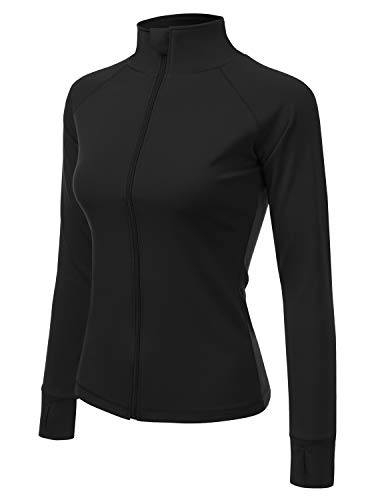Doublju Womens Active Slim Fit Full Zip Jacket with Thumb Holes Black 2XL - Thumbnail 2