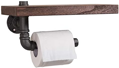 Toilet Paper Holder Tissue Roll Bar with Moblie Phone Holder Stand Shelf Bathroom Accessory, Anti-Rust Wood Toilet Roll Holder with Large Space Shelf