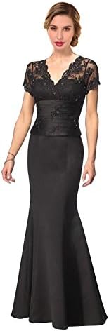 Junai Women's Short Sleeve Satin Mother of the Bride Dresses Evening Gowns with Lace Top Dark Grey US 22