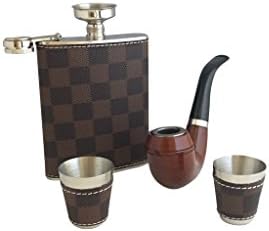 Modern flask for Men-Hip Hydro Liquor flasks for groomsmen flask-Flask Set with vintage smoke pike,2 shot glass cups + funnel-Leather Pewter Flasks for women-Whiskey Blue Purple Irish Rum Flask Brown