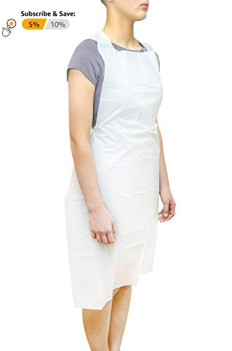 100 Pack White PE Aprons with Extra Long Ties 28 x 46. 2 Mil Disposable Poly Aprons. Liquid-Proof Workwear. Protective Plastic Uniform Aprons for Men, Women. Lightweight, Breathable. Wholesale price.