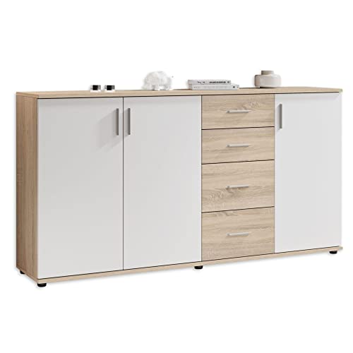 Stella Trading Bobby-Comò in Rovere, Colore, credenza Moderna con Molto Spazio per Il Vostro Salotto, Legno, Quercia Sonoma/Bianco, 3 Türen, 4 Schubladen