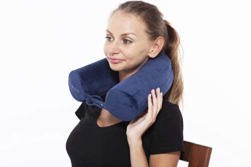 BlueHills Premium Memory Foam Neck Travel Twist Airplane Pillow in Super Soft Velvet Cover & Travel Accessories in Carry case Bag with Hand Luggage Belt and Carabiner Navy (NeckPillow-Navy)