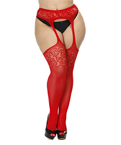 CURRMIEGO Womens fishnet tights Plus Size Lace Suspender Pantyhose Stocking (Red 1, One_Size)