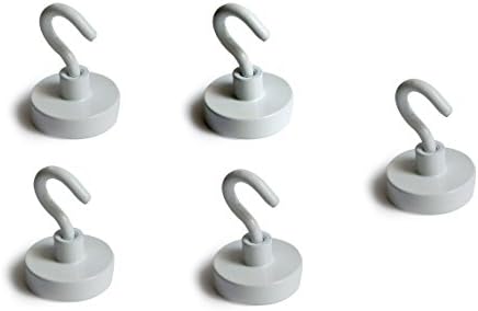 Neo Magnetics Neodymium Magnetic Hooks White, N50 Pack of 5, 1" Diameter, Holds Up To 60 lbs Magnetic Coat Hook