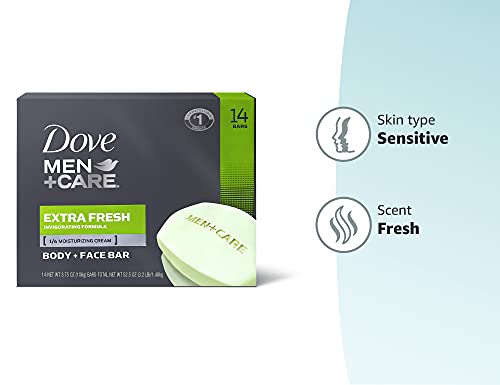 DOVE MEN + CARE BAR 3 IN 1 CLEANSER FOR BODY, FACE, AND SHAVING TO CLEAN AND HYDRATE SKIN EXTRA FRESH BODY AND FACIAL CLEANSER MORE MOISTURIZING THAN BAR SOAP 3.75 OZ, 14 COUNT (PACK OF 1)