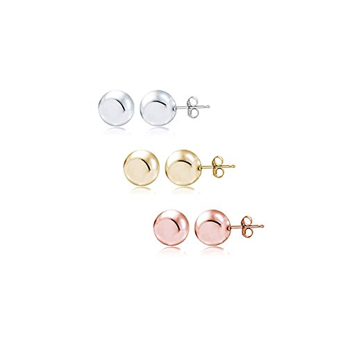 Sterling Silver Set of 3 Tri-Color Polished Ball Stud Earrings Sets All Sizes