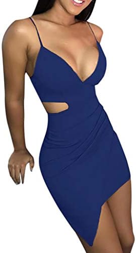 HULKY Elegant Women's Dresses, Sexy Deep V Neck Sleeveless Spaghetti Strap Bodycon Wrap Dress Front Slit Bandage Midi Club Dress