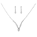 ACCESSORIESFOREVER Bridal Wedding Prom Jewelry Set Crystal Rhinestone V Shape Drop Necklace Silver Clear
