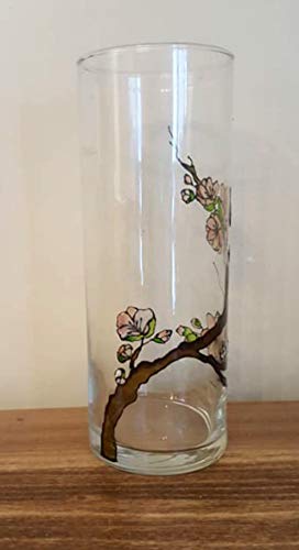 Cherry Tree Flower Blossom Hand Painted Stained Glass Cylinder Vase, Candle Holder, Floral Decor - Thumbnail 4