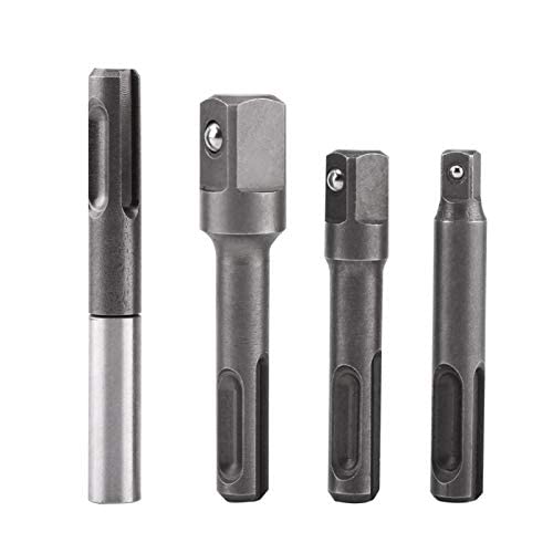 4Pcs SDS Plus Shank to 1/4" Hex Socket Adaptor + 1/4" 3/8" 1/2" Squares Drill Bit Holder Extension Connector for Screws, Nuts, Any Drill and Handheld Driver