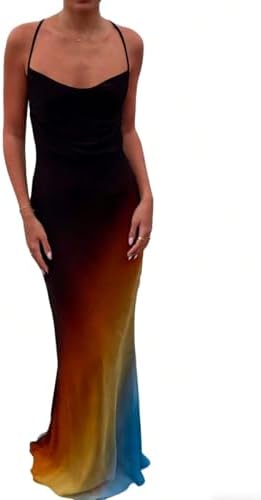 summer ombre mesh dress Jemour Blue Ombre Halter Maxi Dresses Women's Mesh Knit Slim Fit Mermaid Fishtail Metal Buckle Tie-Up Vacation Party Formal Evening Elegant,XXS