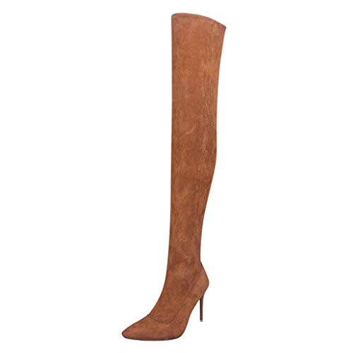 Dermanony Womens Over Knee High Heel Boots Fashion Flock Pointed Toe Zipper High Boots Solid Color High Heel Shoes Brown - Thumbnail 6