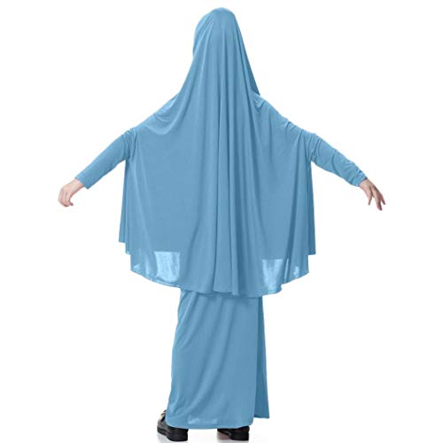 5-9T Muslim Kids Girls Batwing Sleeve Dresses Tops Solid Traditional Abaya Tunic Long Dress 2pcs Outfits Set (Sky blue, 9T / XL) - Thumbnail 6