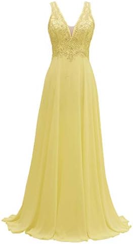 Prom Dresses Long V-Neck Lace Chiffon A-line Beaded Formal Bridesmaid Gowns for Women