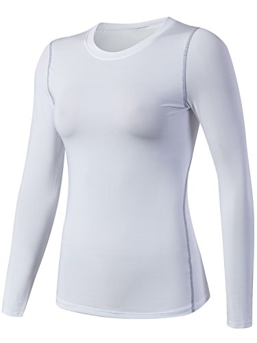 Women's Compression Shirt Sport Performance Crewneck Long-sleeve T Shirt(X-Large,1 Pack-White)