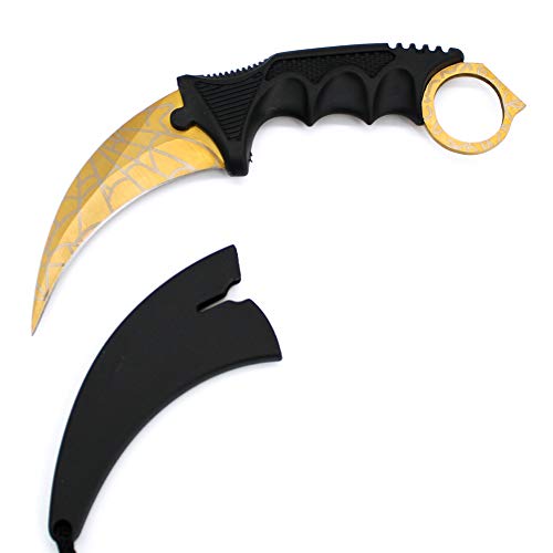 WeTop Karambit Knife, CS-GO for Hunting Camping Fishing Self Defenses and Field Survival, Stainless Steel Fixed Blade Tactical Knife with Sheath and Cord (Spider Web Gold).