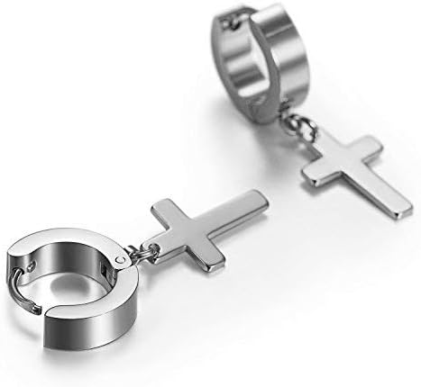 Flongo Men's Womens 6PCS Vintage Stainless Steel Silver&Black&Gold Cross Dangle Hinged Hoop Earrings - Image 3
