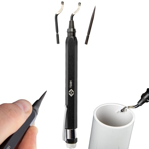 C.K Tools 2-in-1 Deburring and Scribe Tool, 2 HSS Deburr Tips, 1 HSS Scribing Tip, Pocket Clip, Internal Storage, Black Oxide Finish, For Metal Plastic Pipe Edge Marking, Aluminium Body, CK T2281