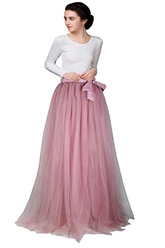 Women Wedding Long Tulle Skirt Dress Bridal Bridesmaids Floor Length High Waisted Maxi Tutu Party Dress (Mauve, Medium)