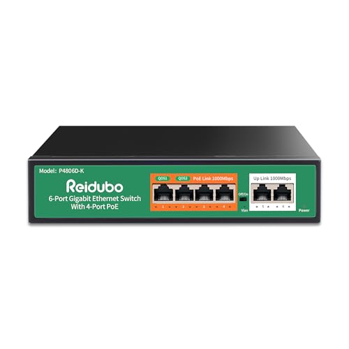 Reidubo 4 Port Gigabit PoE Switch with 2 Uplink,1000Mbps PoE Ethernet Unmanaged Network Switch, 75W, Plug & Play, VLAN, Suitable for Access Point-AP and PoE Surveillance Camera