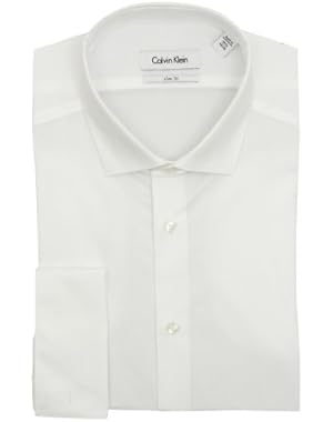 Calvin Klein Mens Solid White Slim Fit French Cuff Cotton Dress Shirt