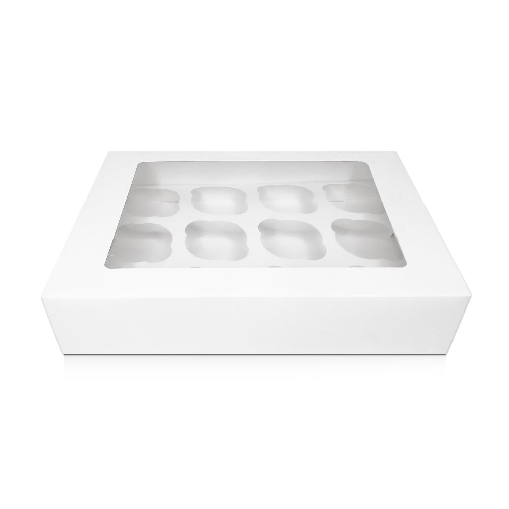 FALGUN 10 x Premium White 12 Hole Cavity Cupcake Boxes with Window and Inserts - (Rounded Inserts)