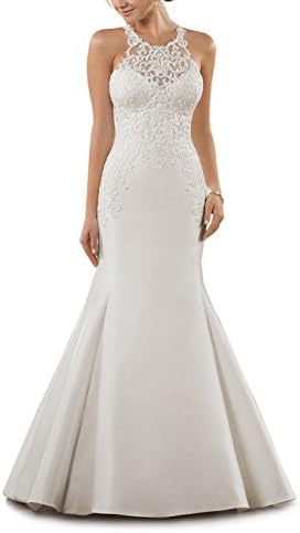 MythLove Women's Long Mermaid Satin Lace Zipper Closure Bodice Bride Gowns Sexy Wedding Dress White 2